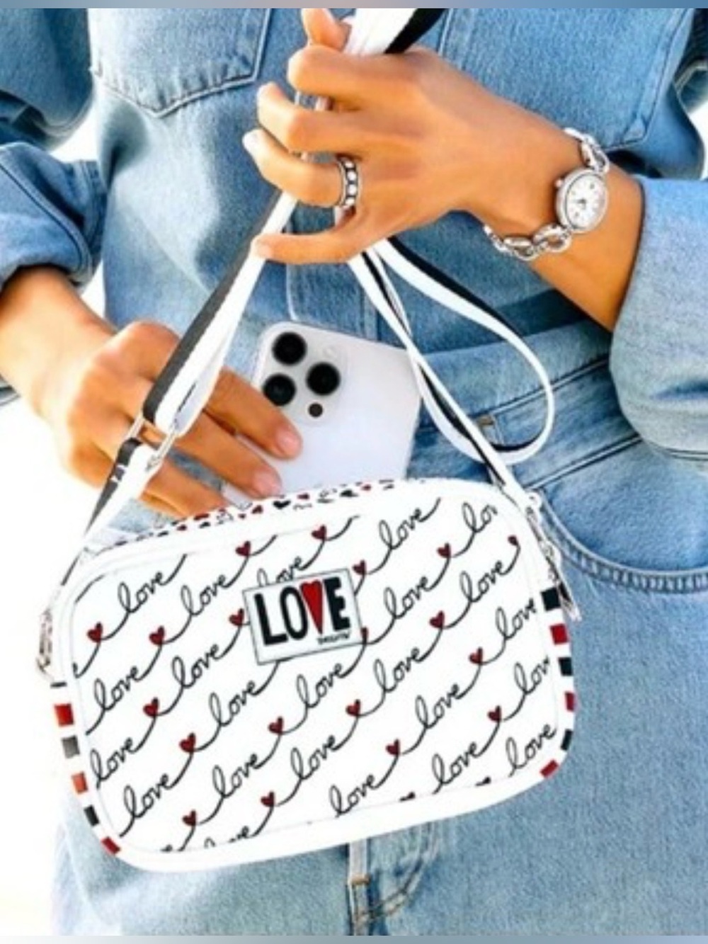 Brighton Love Script Canvas Crossbody Bag - White Red and Navy Valentine’s Day